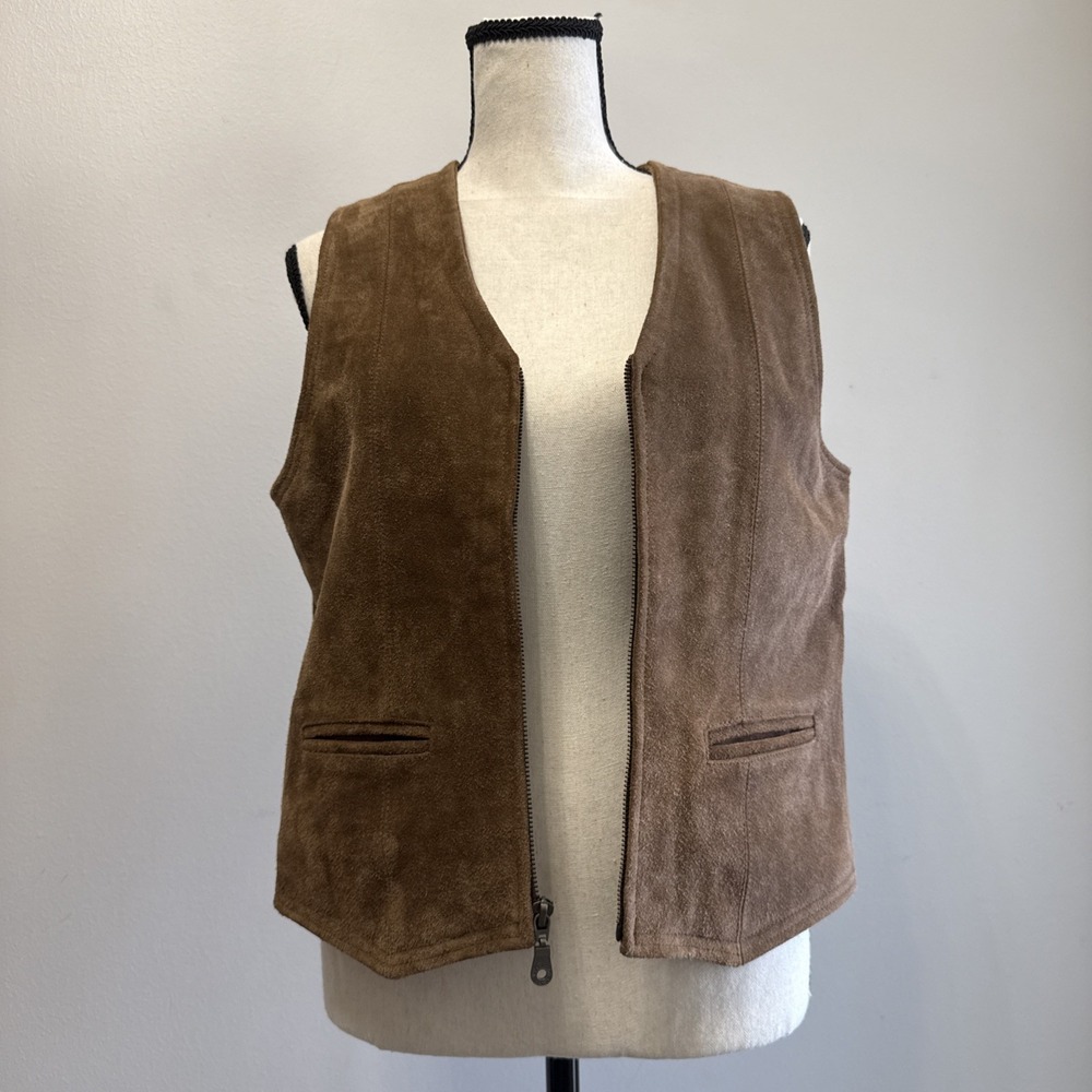 Suede Leather Vintage Full Zip Brown Vest Villager Sport Liz Claiborne Women's